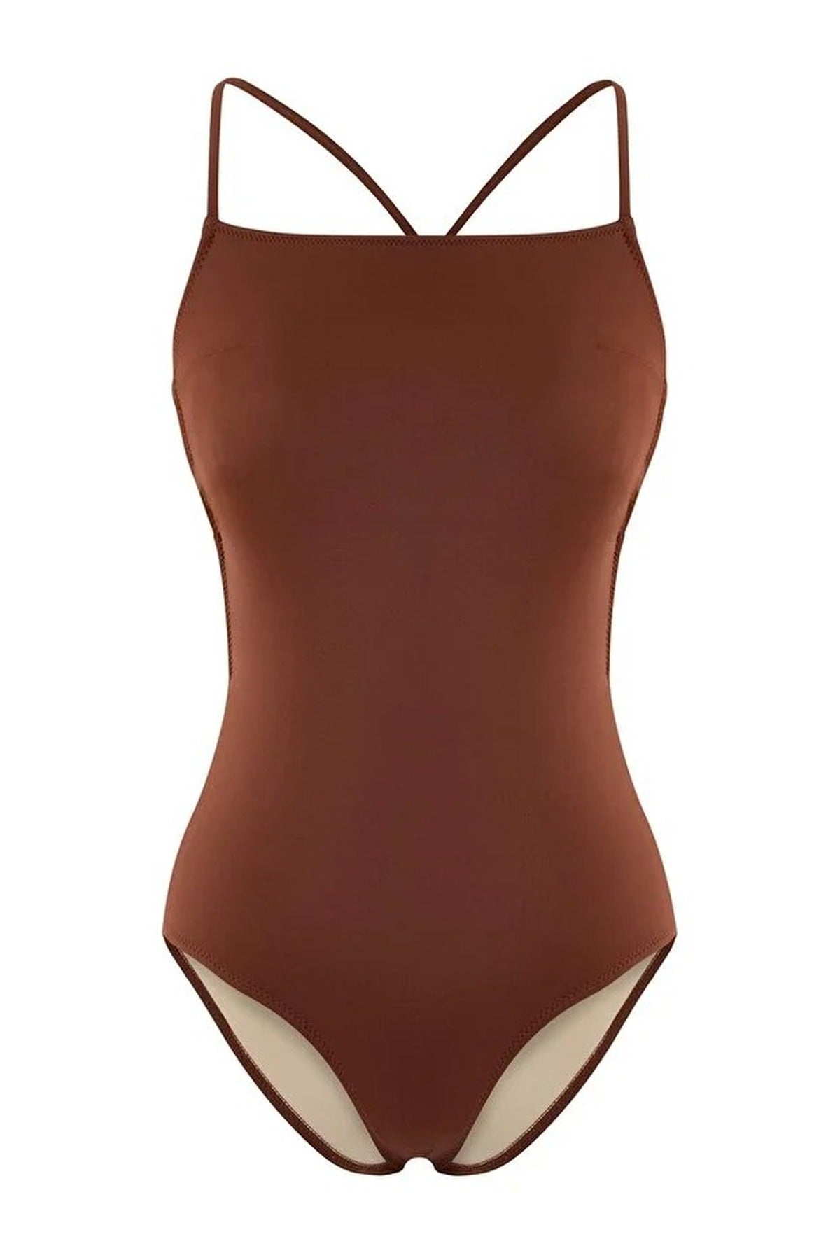 Brown Square Neck Strappy Open Back Fitted Swimsuit, Image 2 of 3