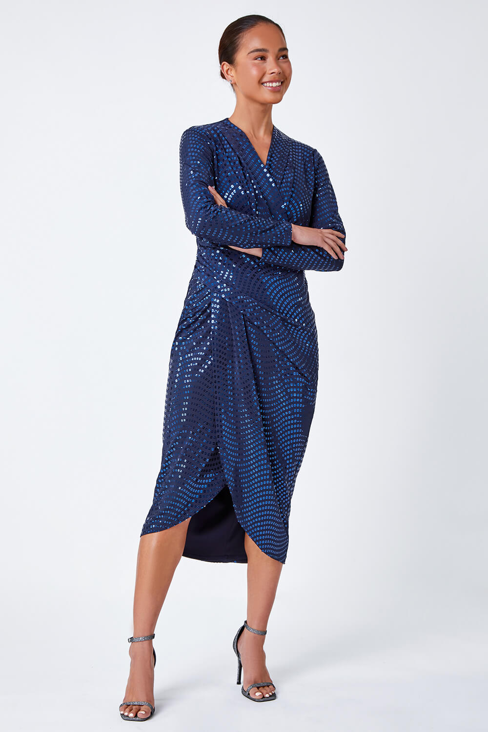 Midnight Blue Petite Sequin Wrap Midi Dress, Image 5 of 5