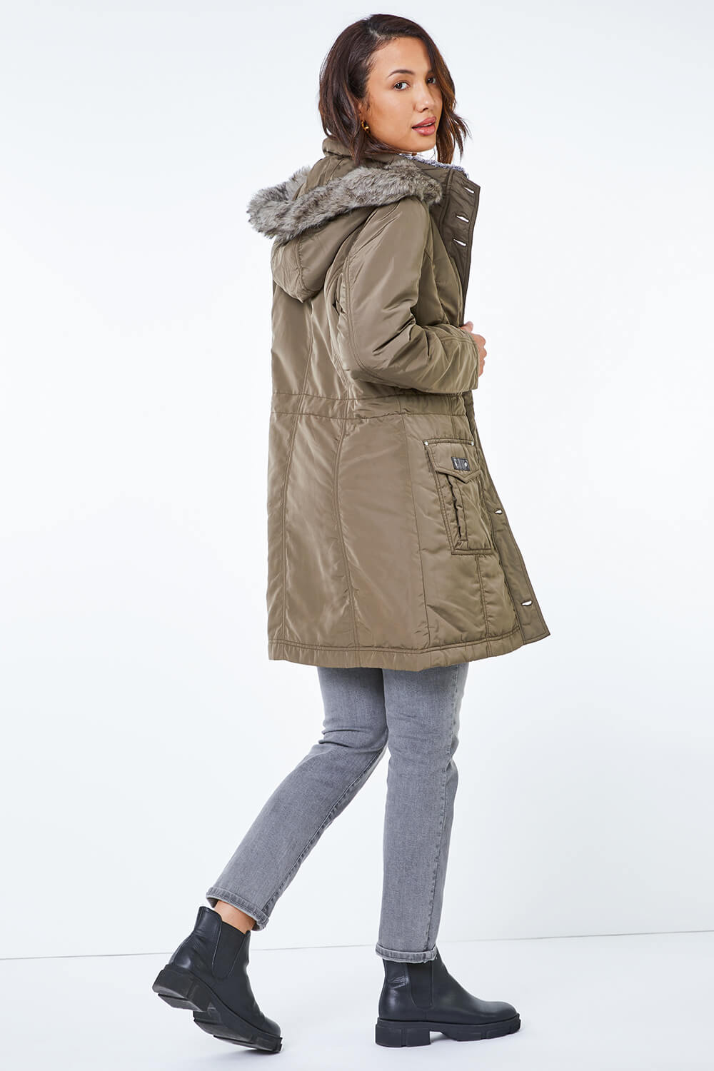 Khaki Faux Fur Trim Hooded Parka Coat , Image 4 of 5