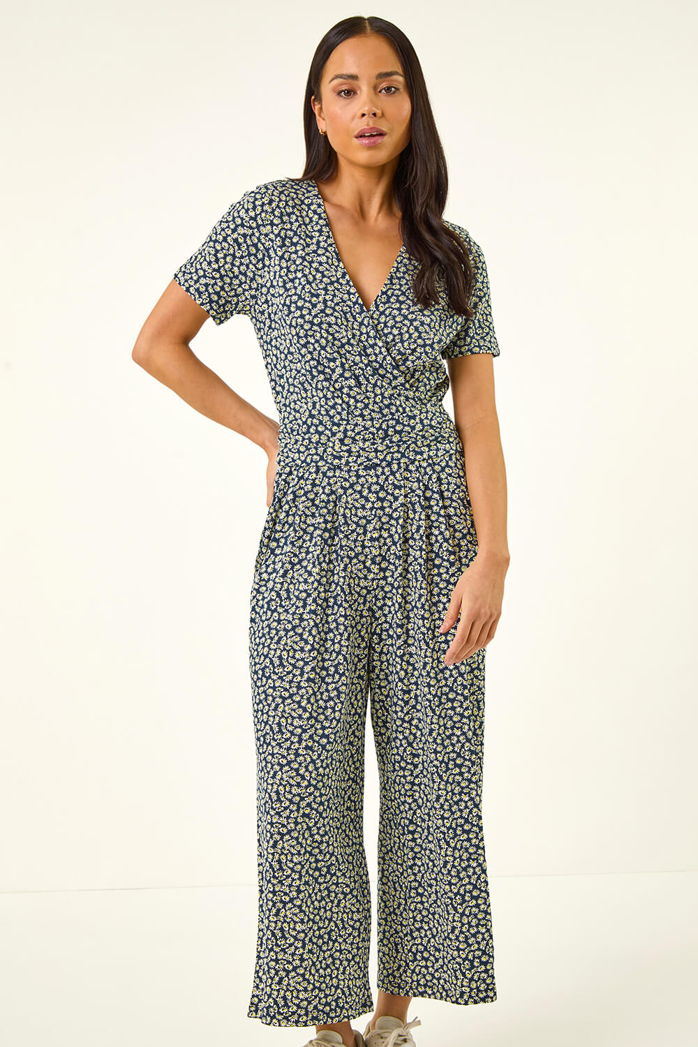 Navy Petite Daisy Print Wrap Jumpsuit, Image 3 of 5