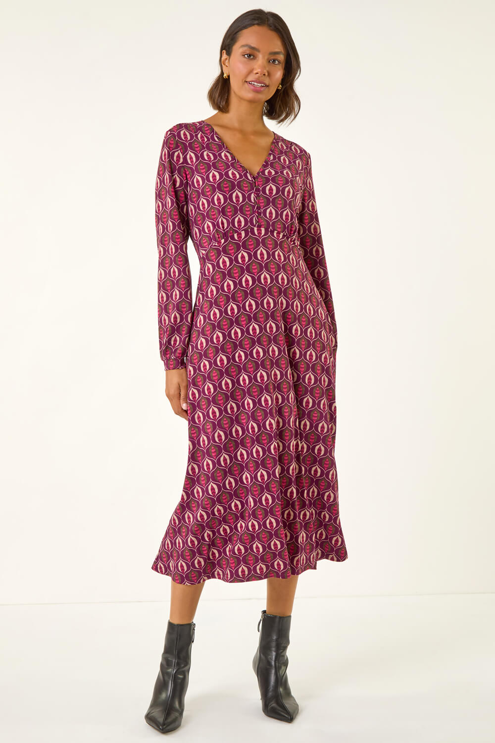 Red Geo Print V-Neck Stretch Midi Dress, Image 3 of 5