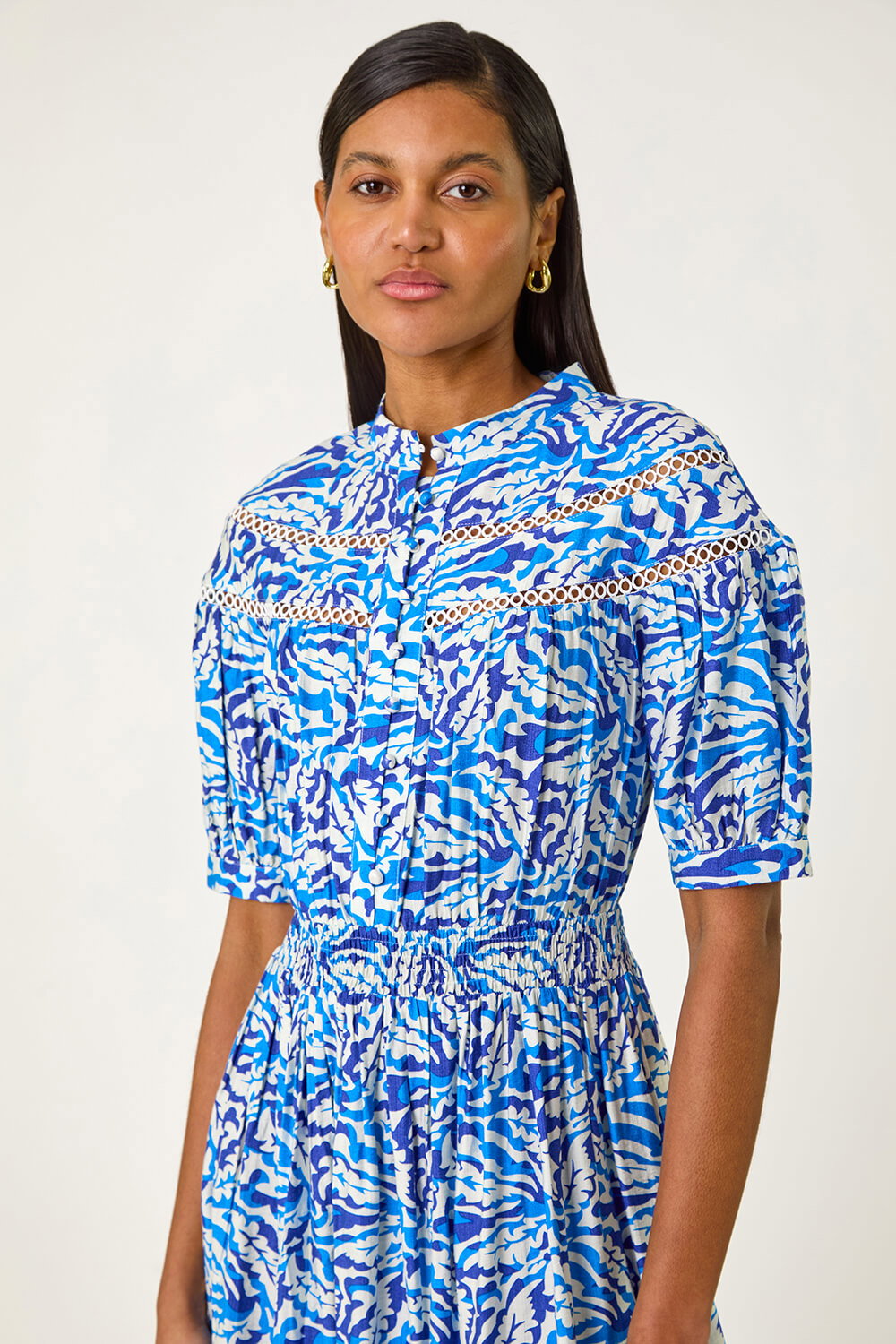 Blue Abstract Print Lace Trim Midi Dress, Image 5 of 5