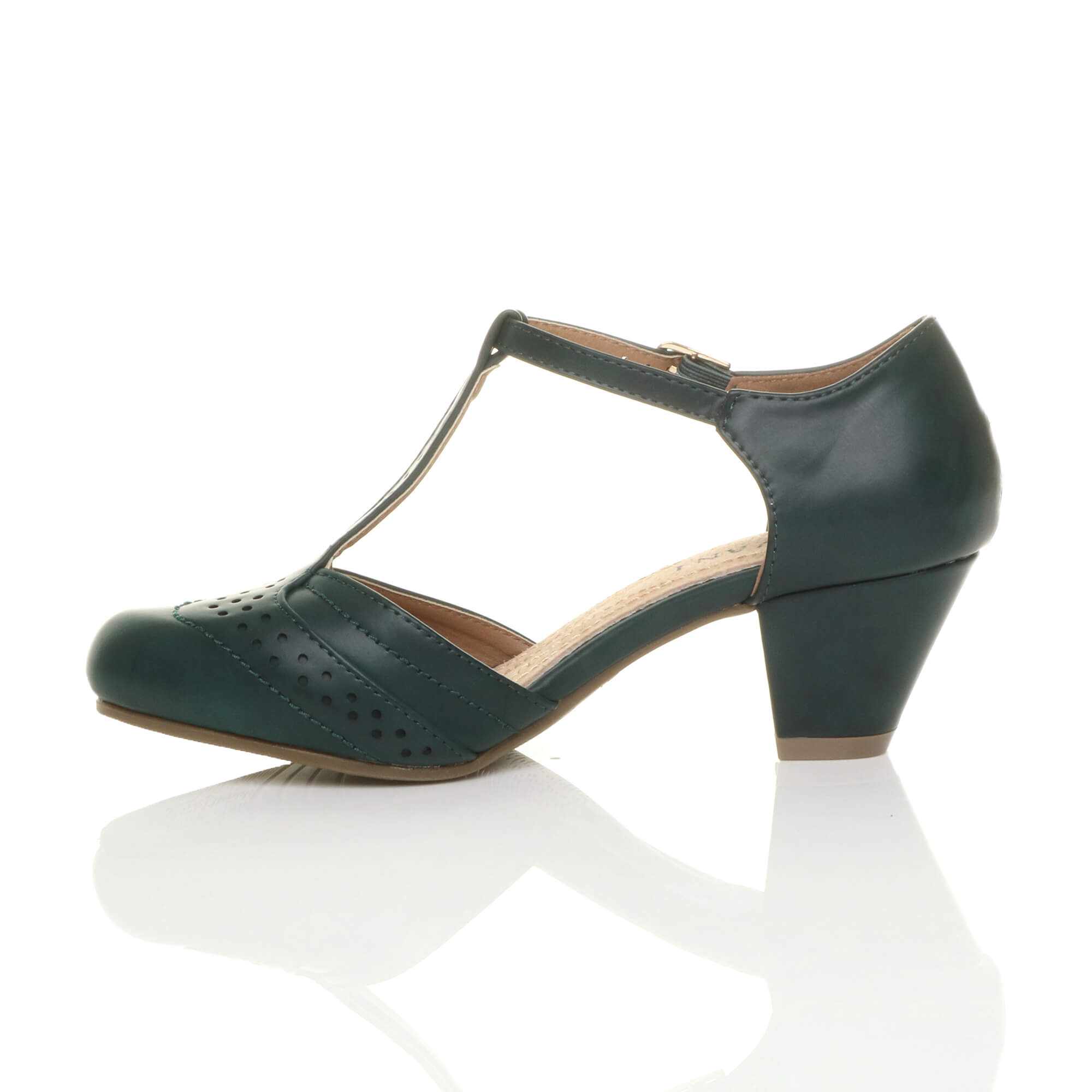 Dark Green Mid Heel Comfort T-Bar Brogue Heels, Image 3 of 6