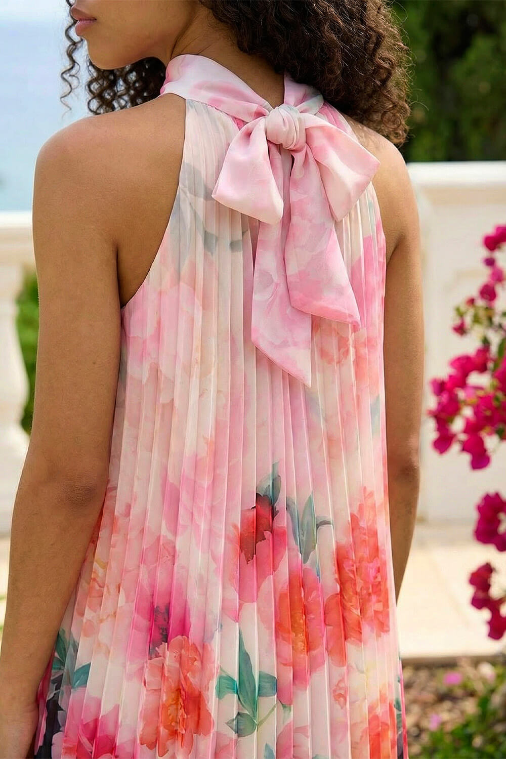 Coral Petite Floral Halter Neck Pleat Dress, Image 5 of 4