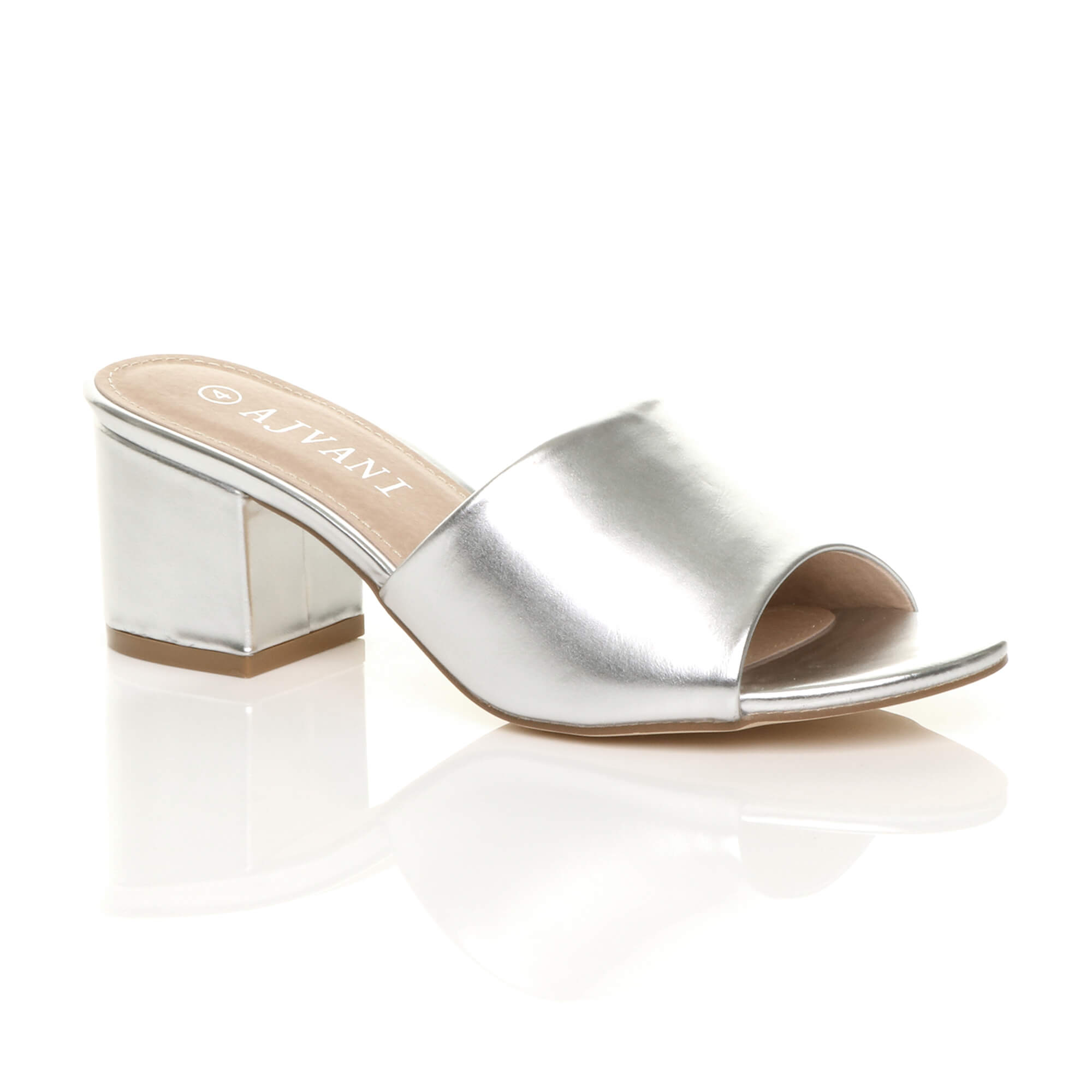 Silver AJVANI Silver Mid Block Heel Peep Toe Mules Sandals, Image 1 of 6