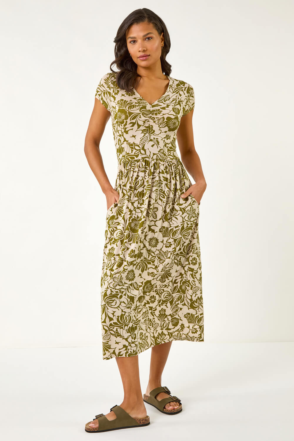 Roman Women's Khaki Floral Print Ruched Stretch Midi Dress Size 18
