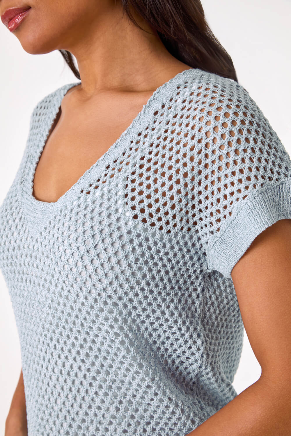 Light Blue  Double Layer Open Knit Top, Image 6 of 5