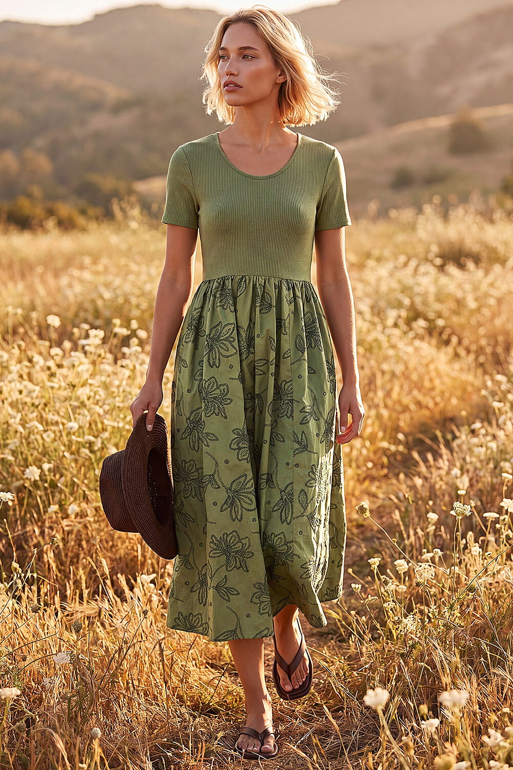 Khaki Floral Print Pocket Midi Dress , Image 1 of 4
