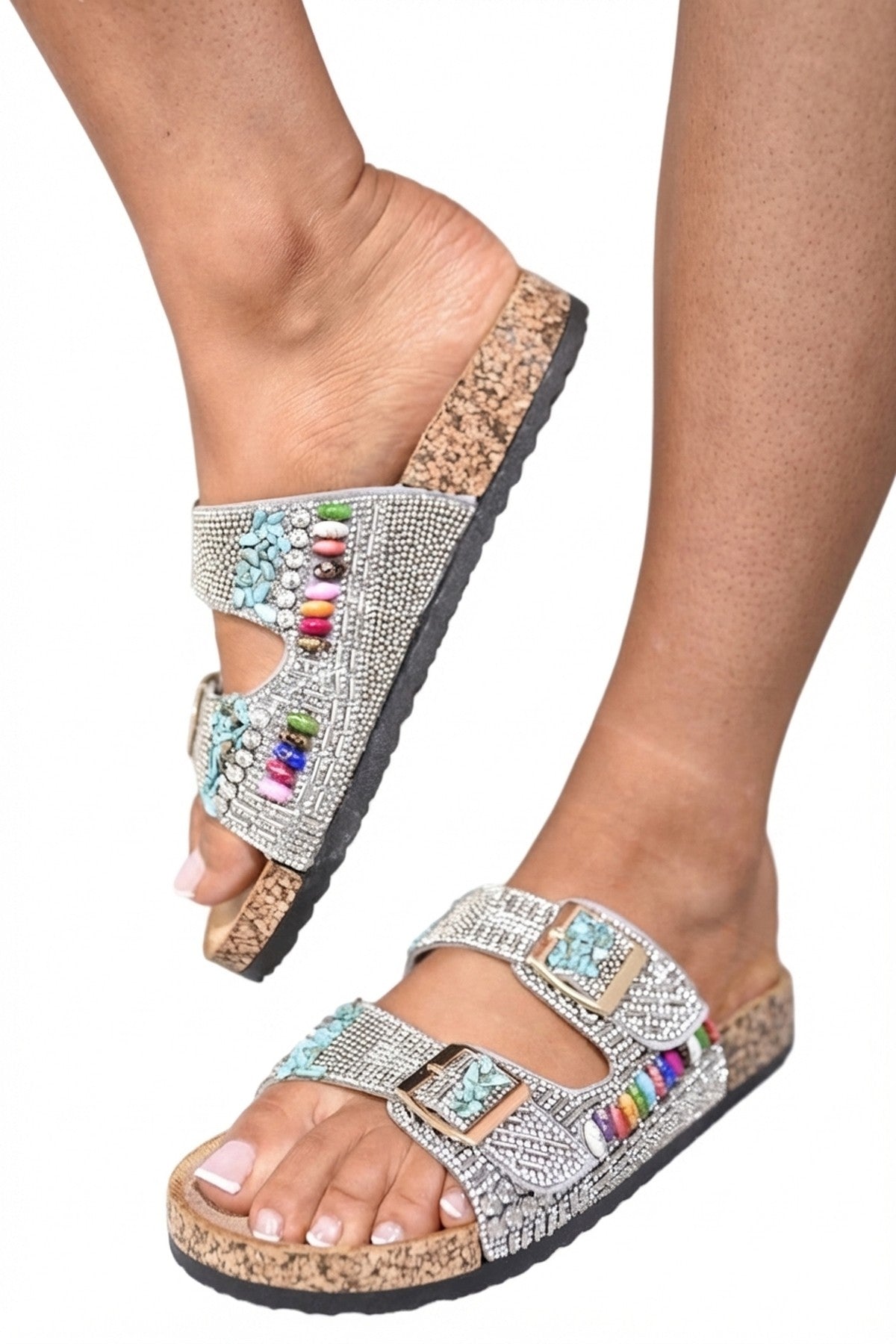 Silver iKrush Silver Audrey Double Buckle Jewelled Sandals, Image 2 of 8