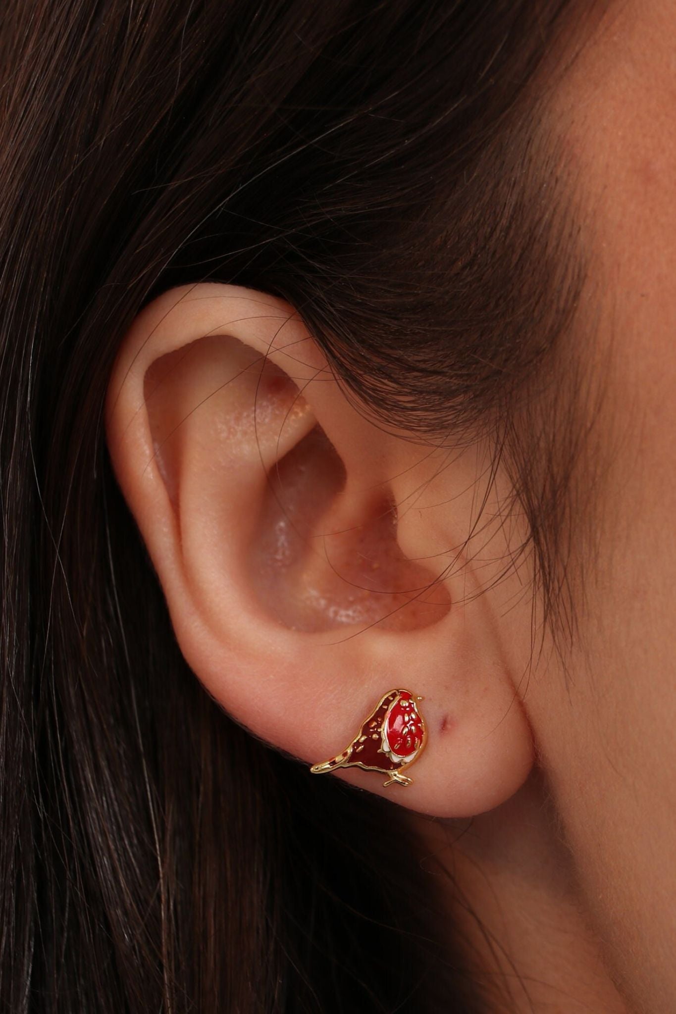 Gold Red Robins Sterling Silver Christmas Stud Earrings Dainty Birds, Image 2 of 3