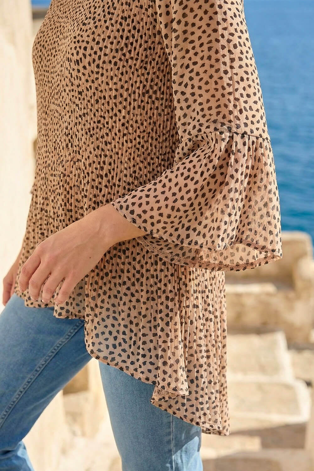 Beige Spot Print Pleated Tunic Top, Image 5 of 4