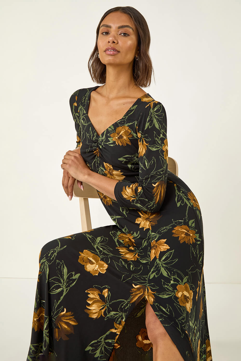 Roman Women's Yellow Floral Print Ruched Stretch Midi Dress Size 12