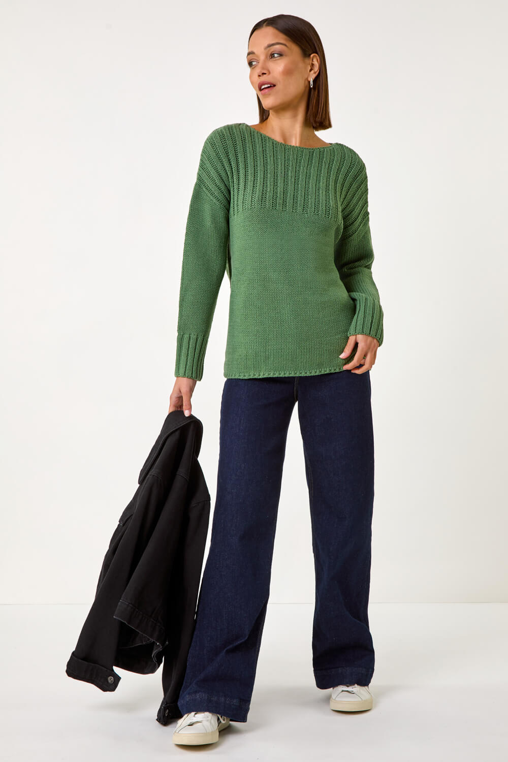 Roman Women's Green Yoke Stitch Detail Jumper Size 10