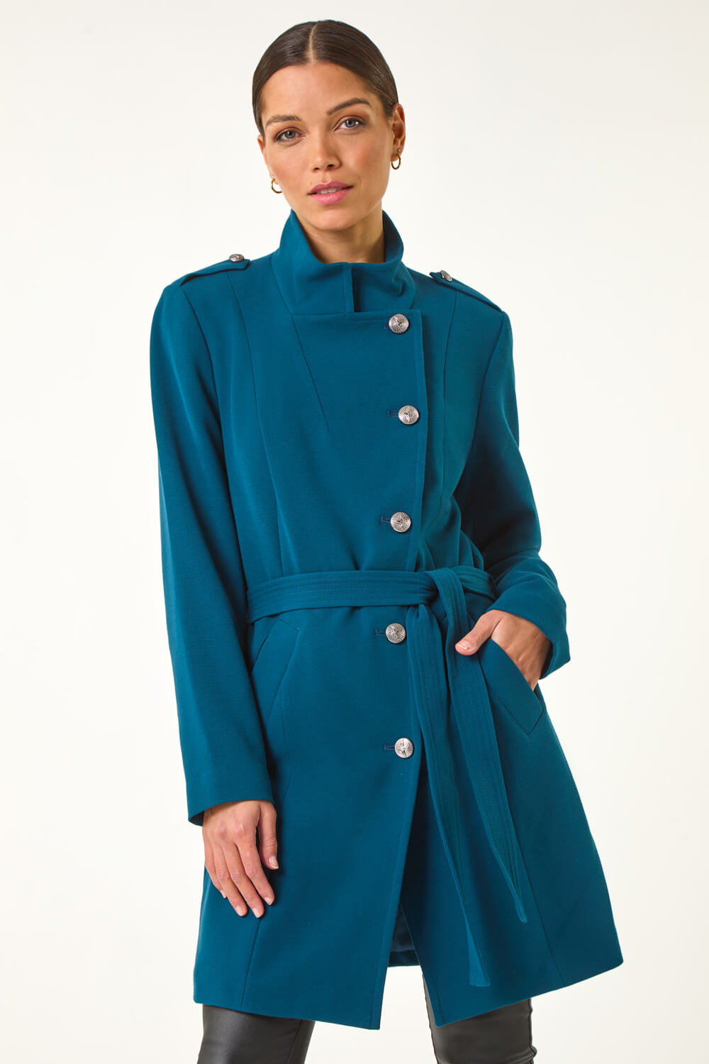 Teal Funnel Neck Buttoned Coat, Image 3 of 5
