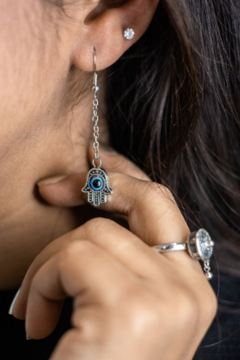 Silver Hamsa Evil Eye Drop Earrings, Image 1 of 2