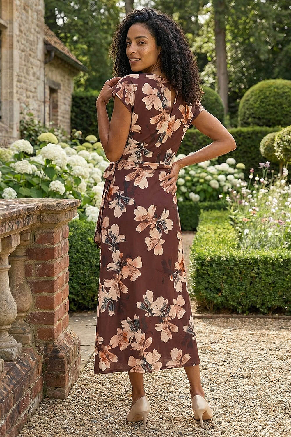 Brown Floral Twist Stretch Dress, Image 4 of 4