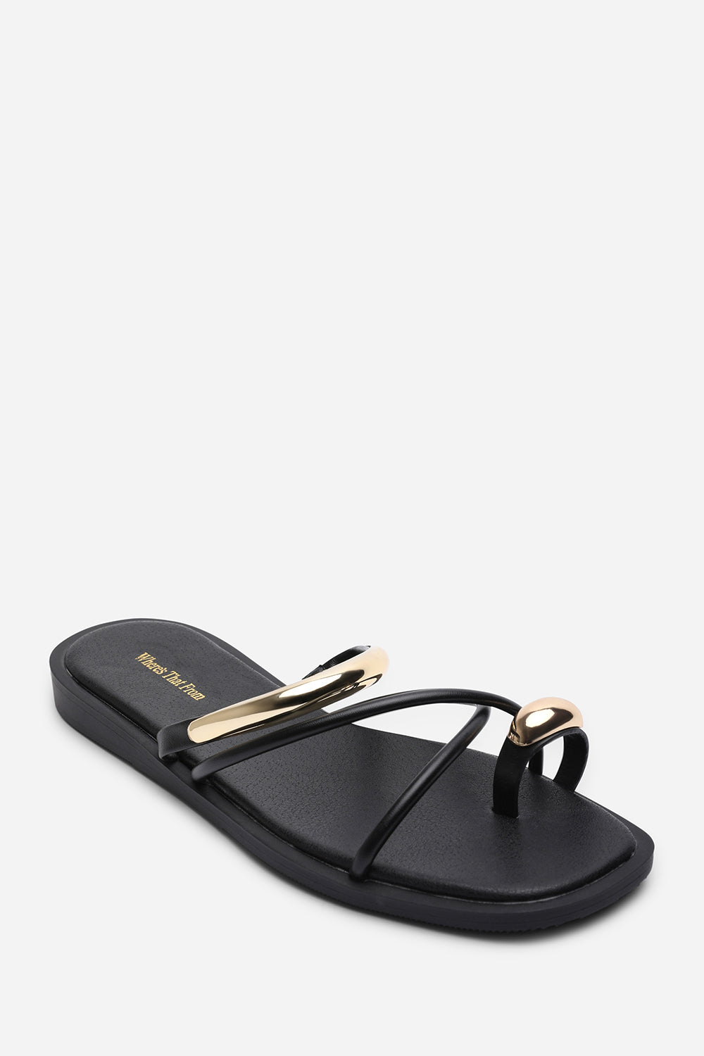 Black Zelina Strappy Metal Toe Loop Slide On Sandal, Image 3 of 6