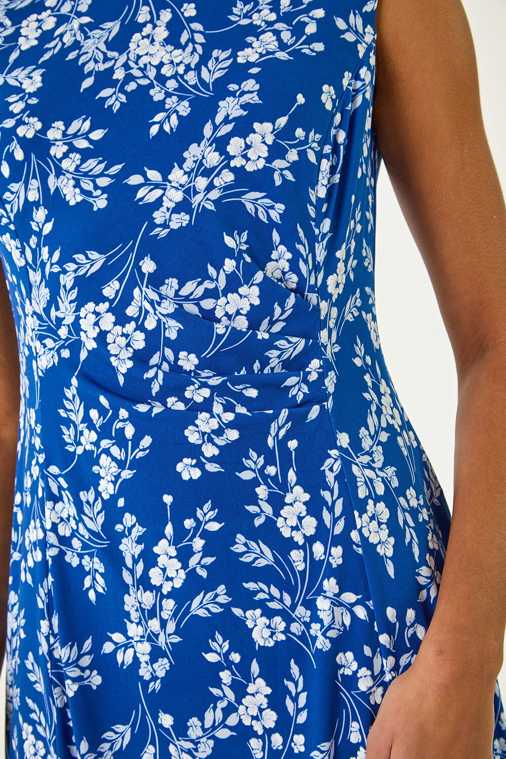 Royal Blue Floral Print Gathered Side Midi Dress, Image 6 of 5