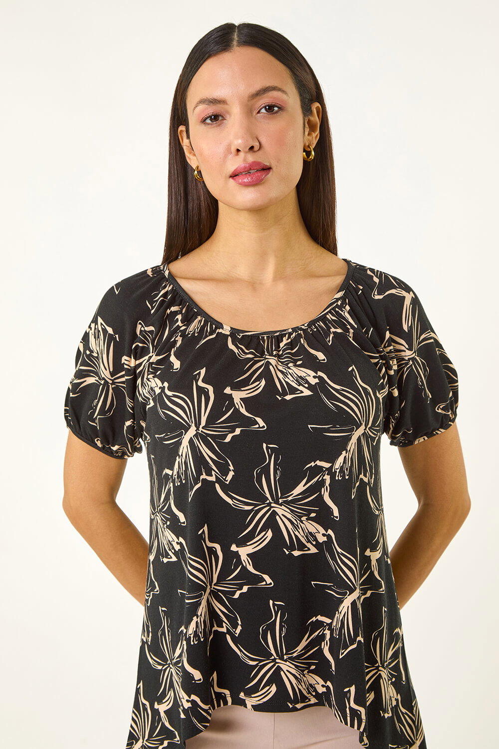 Roman Women's Black Leaf Print Asymmetric Stretch Tunic Top Size 12
