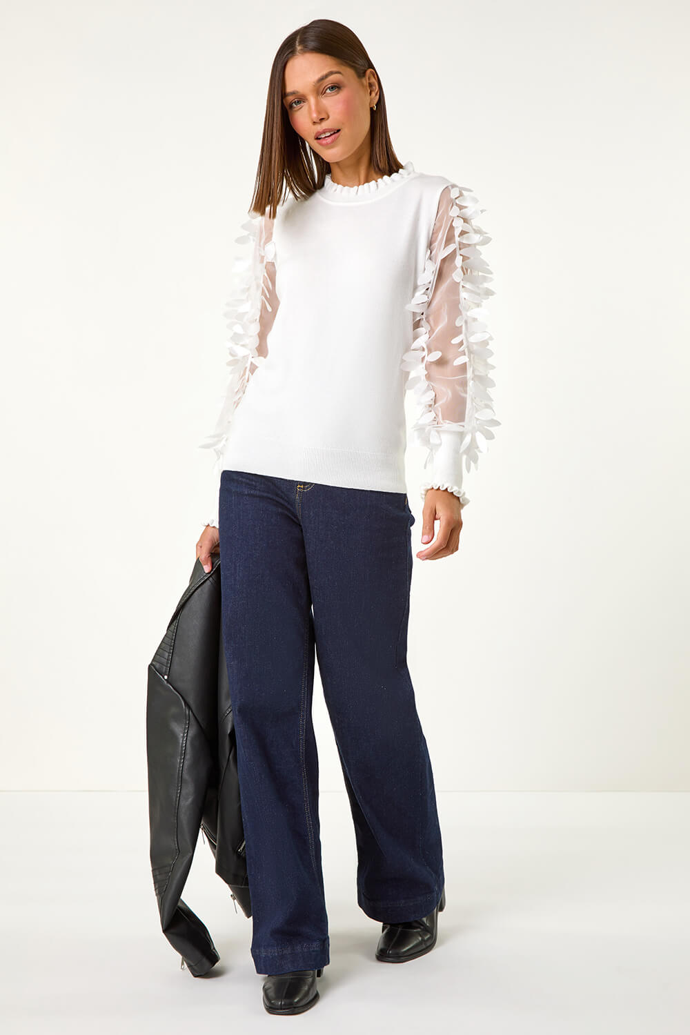 Ivory Sheer Feather Sleeved Jumper, Image 4 of 5
