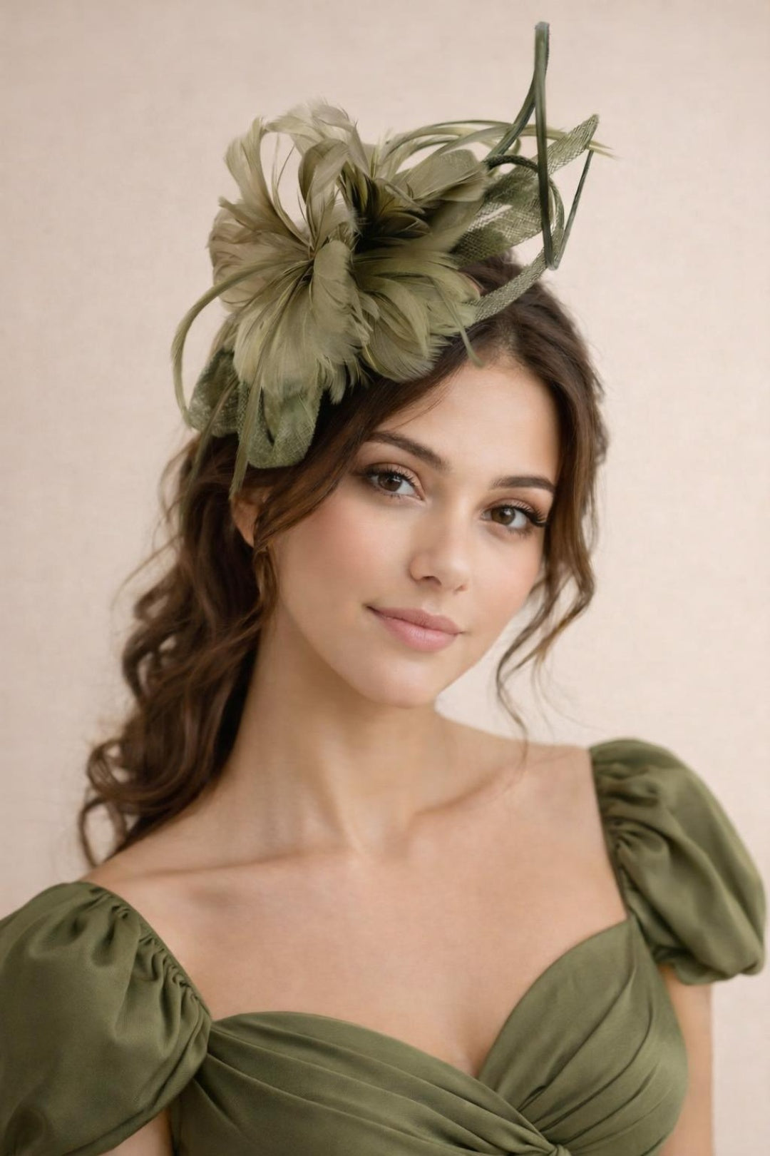 Green Floral Feather Fascinator with Loops, Image 1 of 2