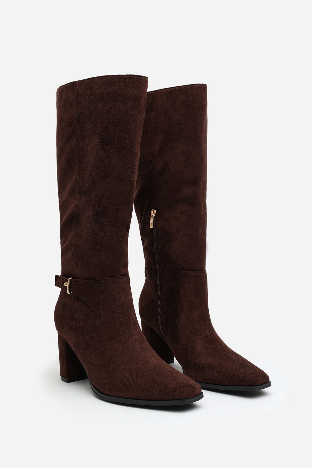 Dark Brown 'Xenia' Knee High Heeled Boots With Side Zip, Image 3 of 6
