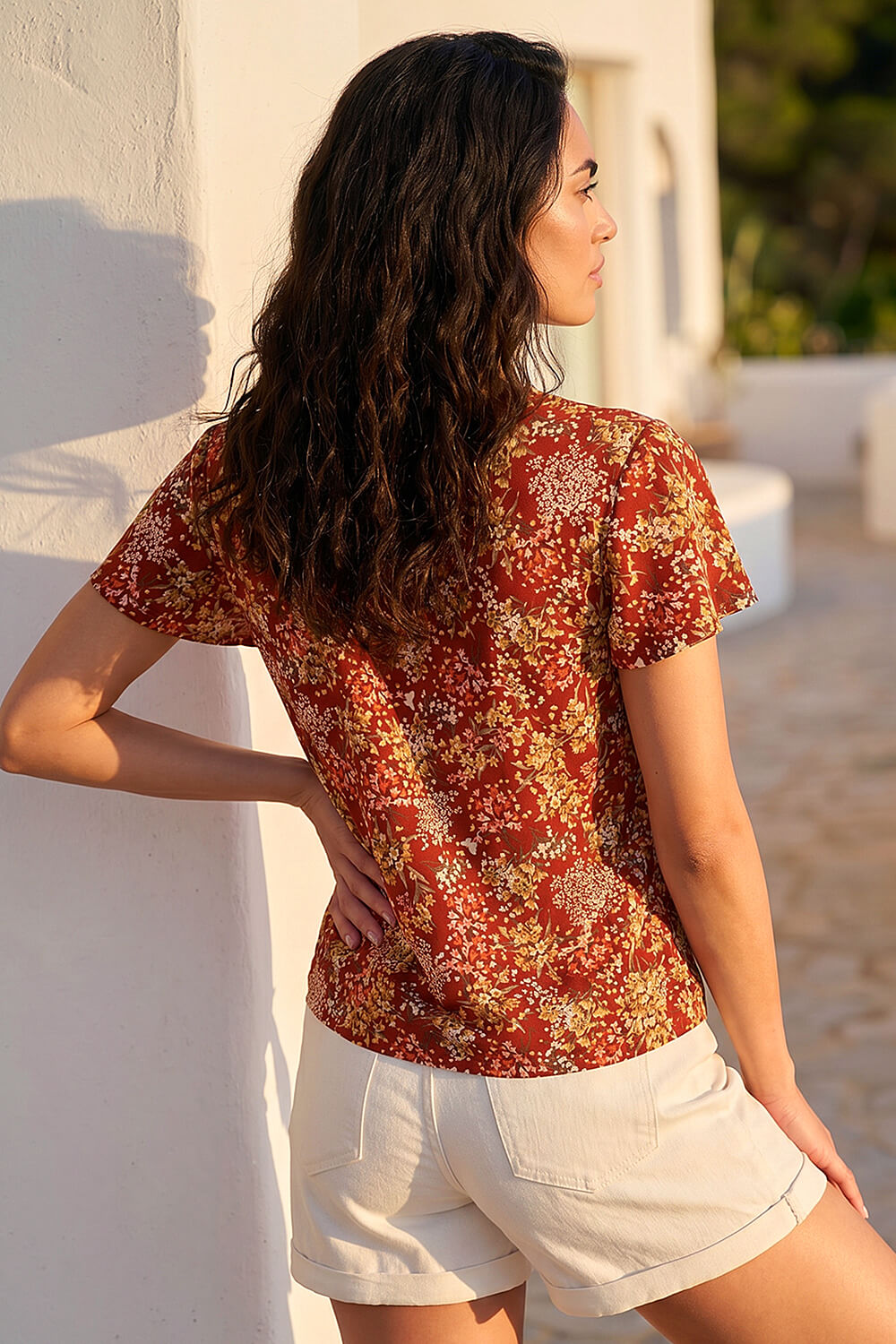 Red Floral Tie Front Stretch Top , Image 4 of 4