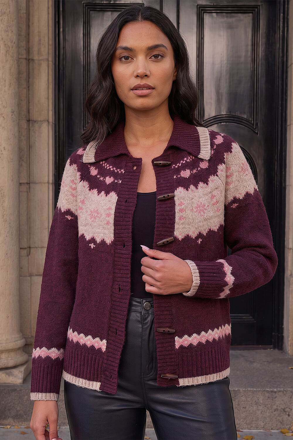 Roman Women's Burgundy Heart Jacquard Cardigan Size 10
