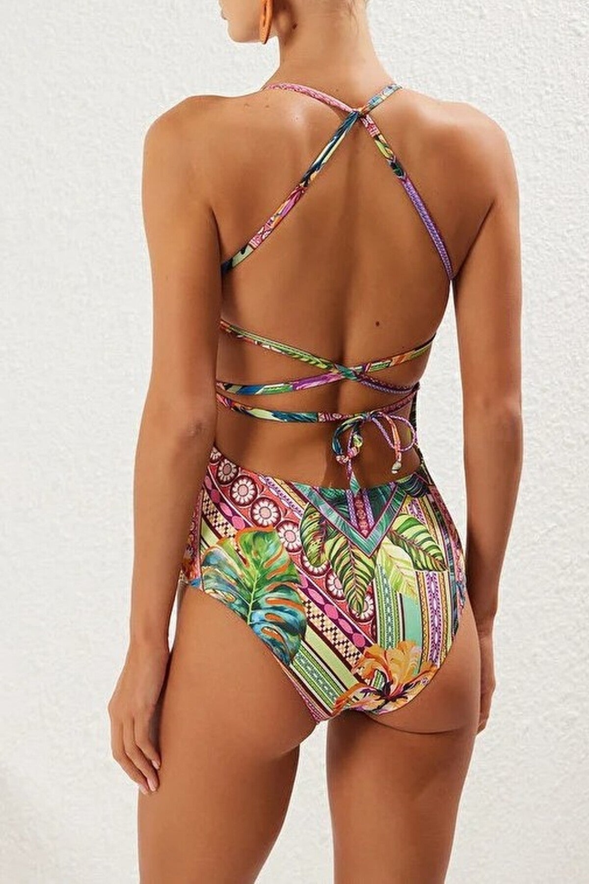 Multi Tropical Print Halterneck Fitted Swimsuit with Square Neck, Image 4 of 4