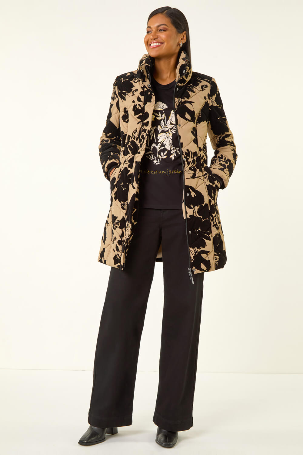 Cream Floral Flock Detail Padded Coat, Image 3 of 5