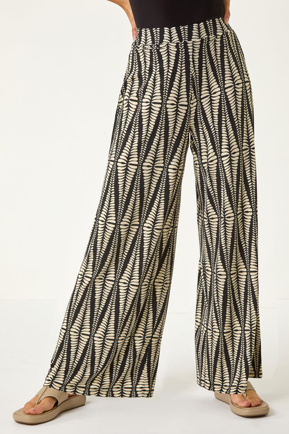 Black Mono Print Wide Leg Stretch Trouser, Image 5 of 7