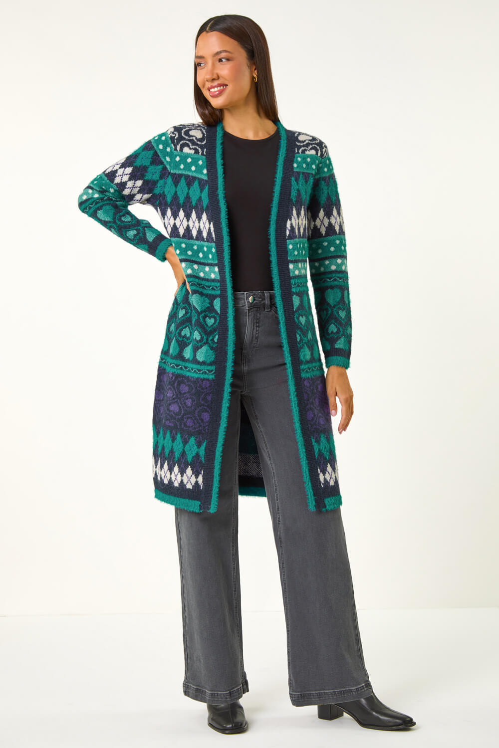 Teal Fairisle Heart Pattern Cardigan, Image 4 of 5