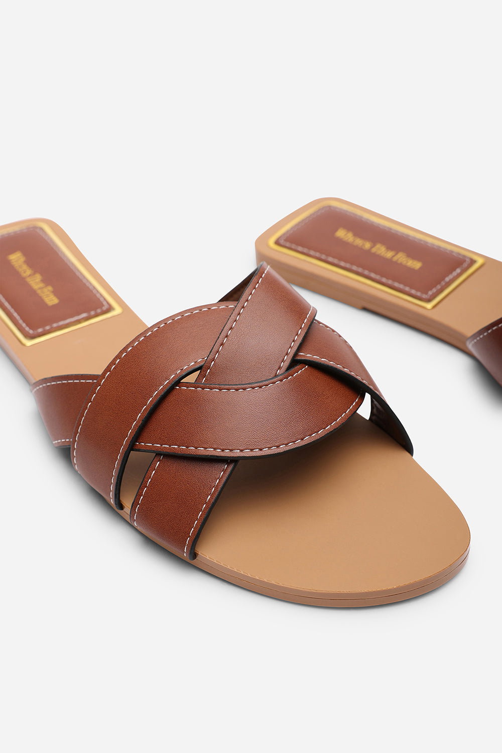 Tan Elvira Braided Slide on Sandals with contrast stitching, Image 5 of 6