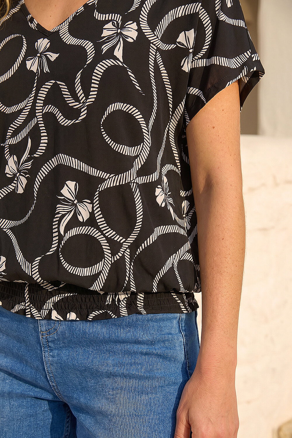 Black Bow Print V-Neck Stretch Top , Image 5 of 4