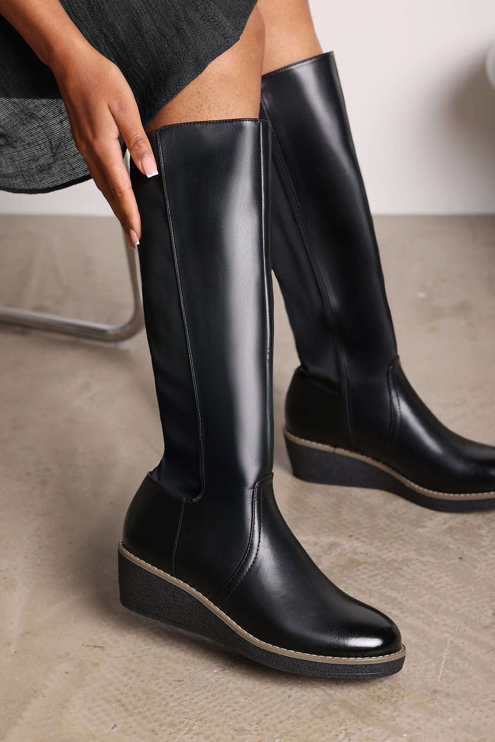 Black 'Livia' Knee High Wedge Boot Stitch Detail, Image 6 of 6