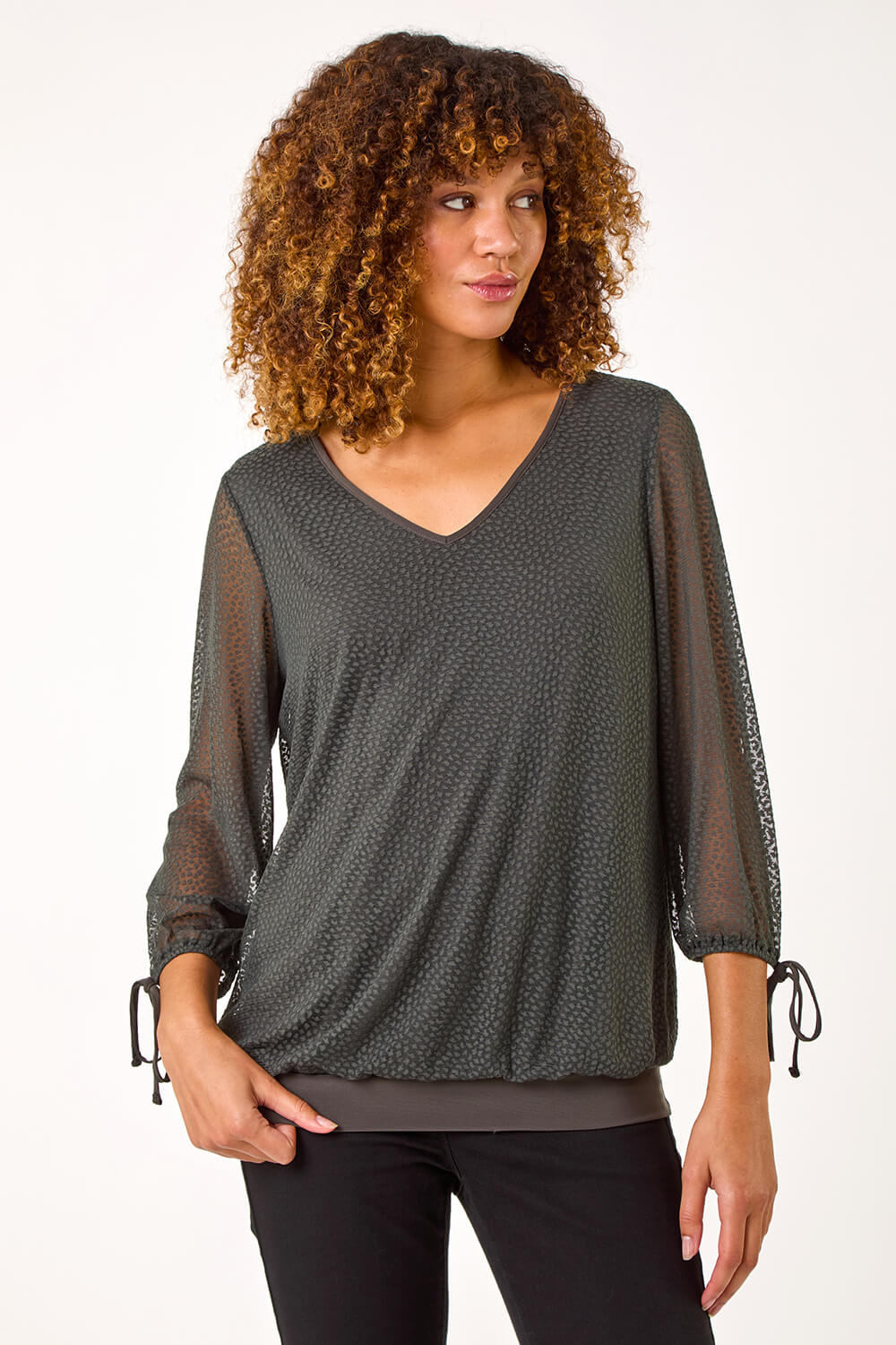Khaki Burnout Print V-Neck Overlay Mesh Top, Image 5 of 5