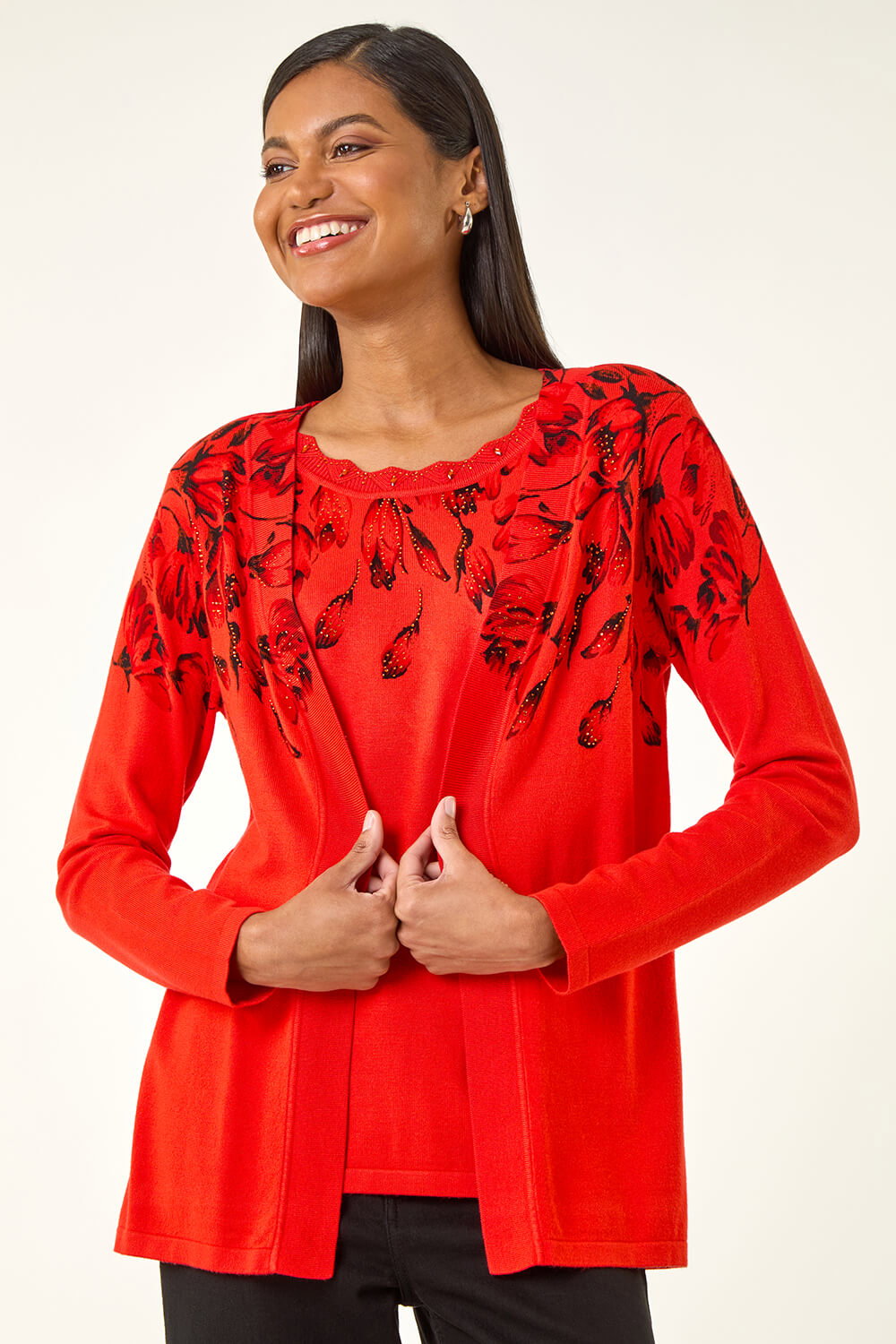 Red Floral Embellished Print Knit Set, Image 1 of 5