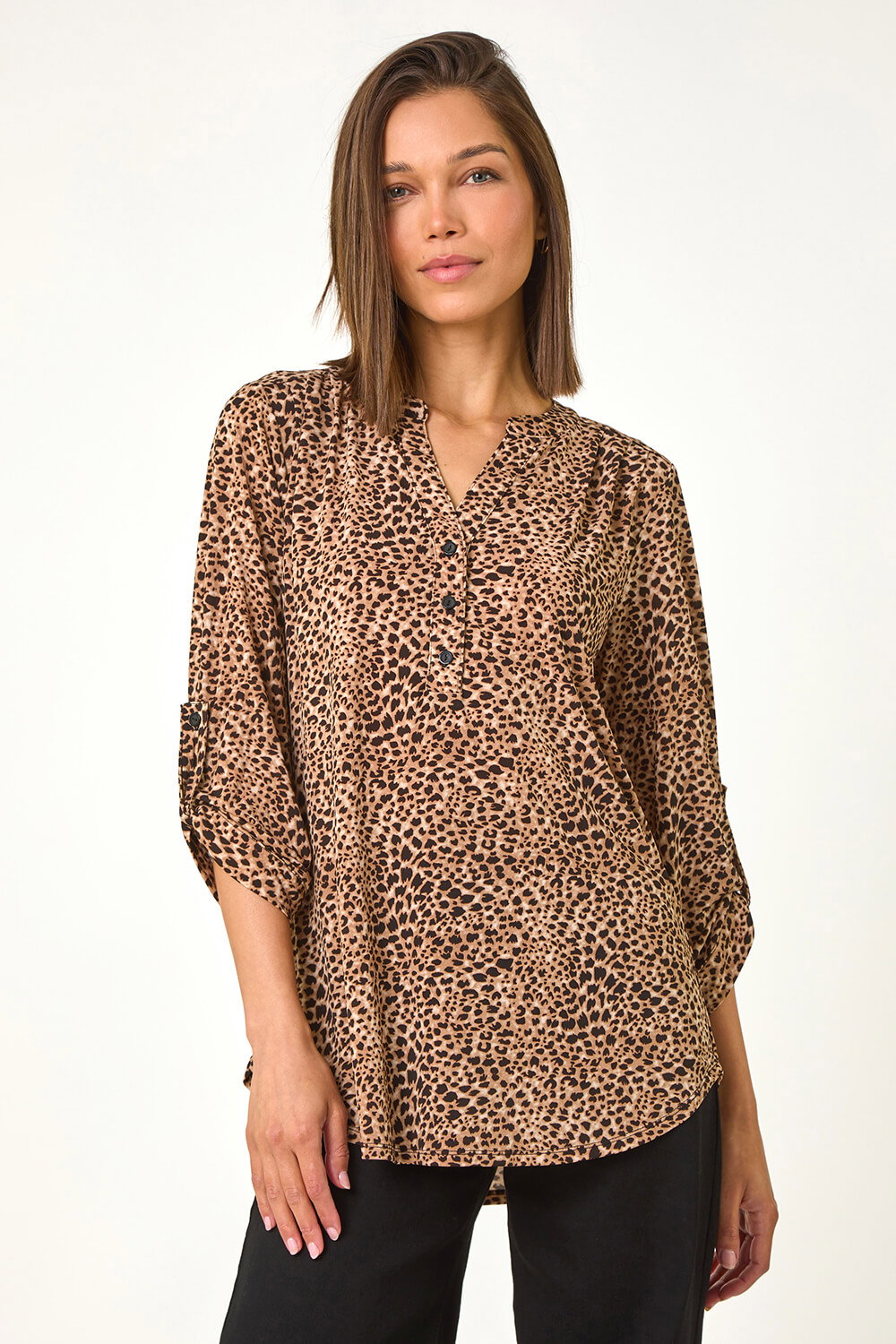 Roman Women's Beige Animal Print Stretch Blouse Size 10