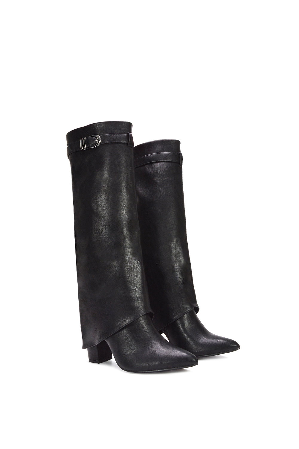 Black XY LONDON Black 'Aaliyah' Fold Over Boots Block Heel Buckle Point Toe, Image 3 of 7