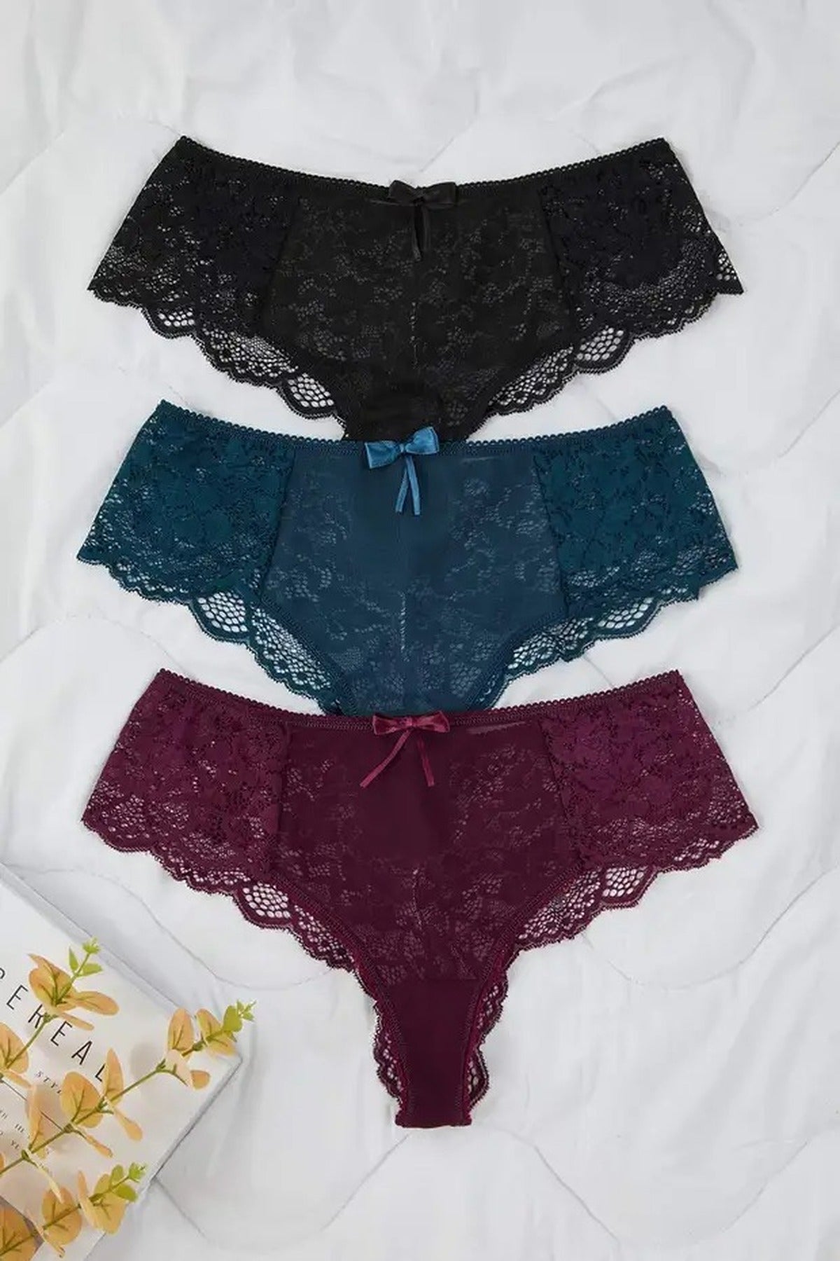 Multi 3 Pack Lace Trim Knitted Briefs with Bow Detail, Image 2 of 2