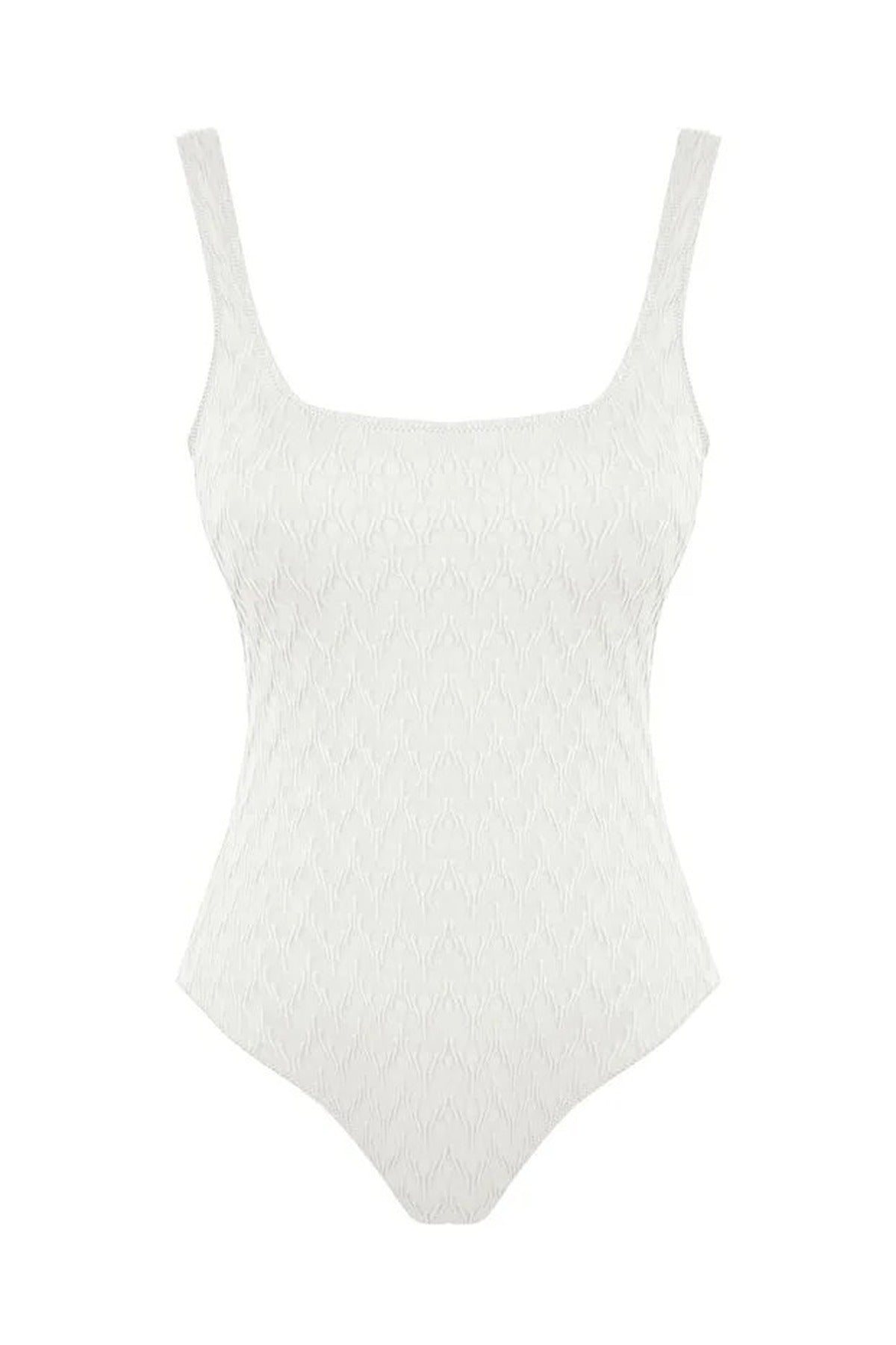 White Textured Square Neck High Leg Swimsuit, Image 2 of 3