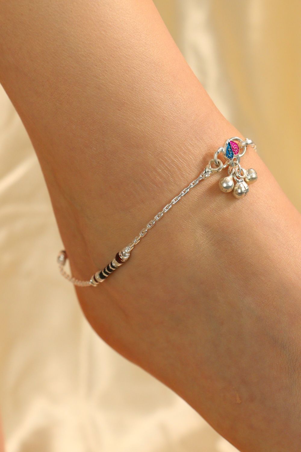 Silver Black Red Enamel Pipe Silver Plated Asian Indian Payal Anklet, Image 2 of 2
