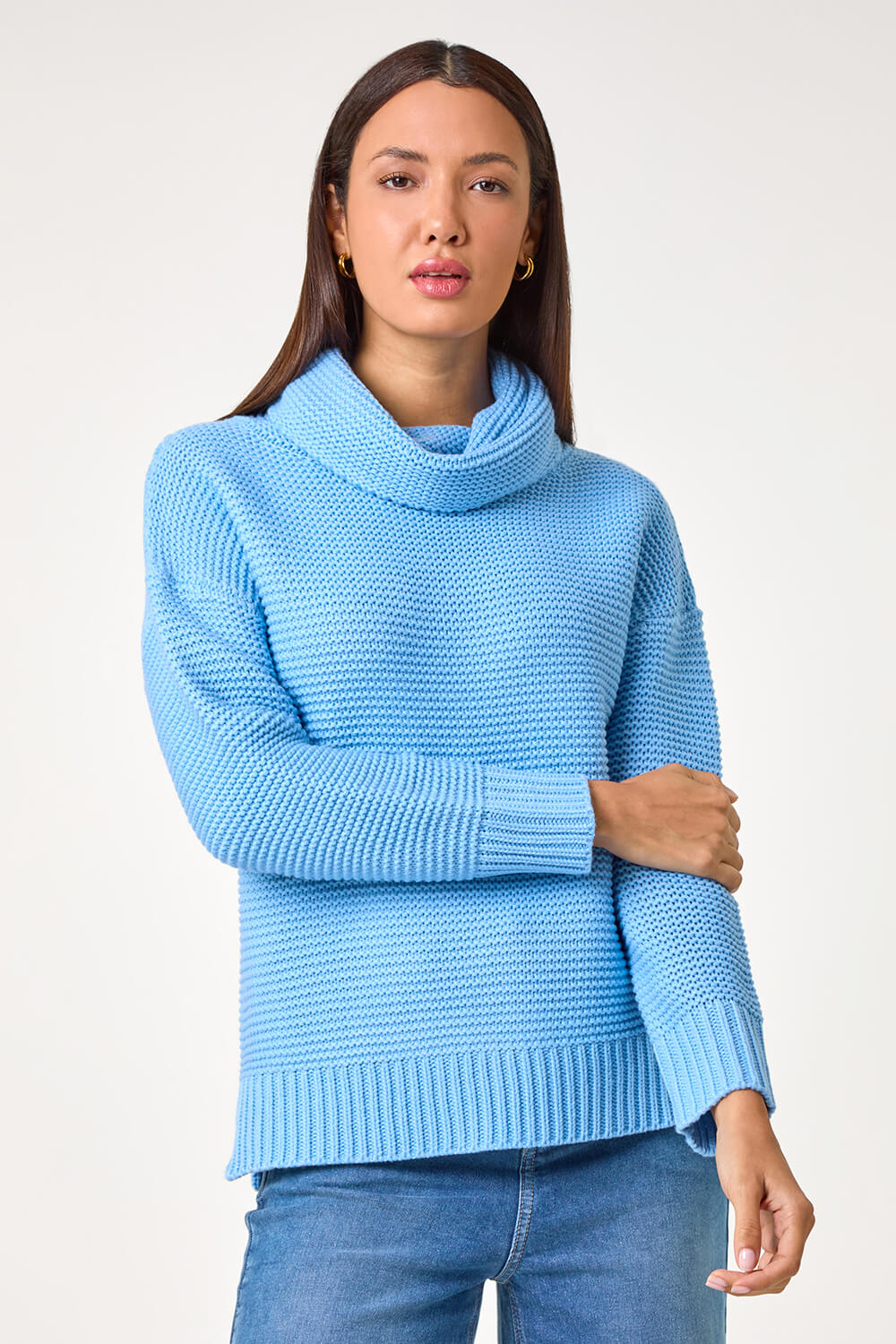 Sky Blue Textured Cowl Neck Jumper, Image 3 of 5