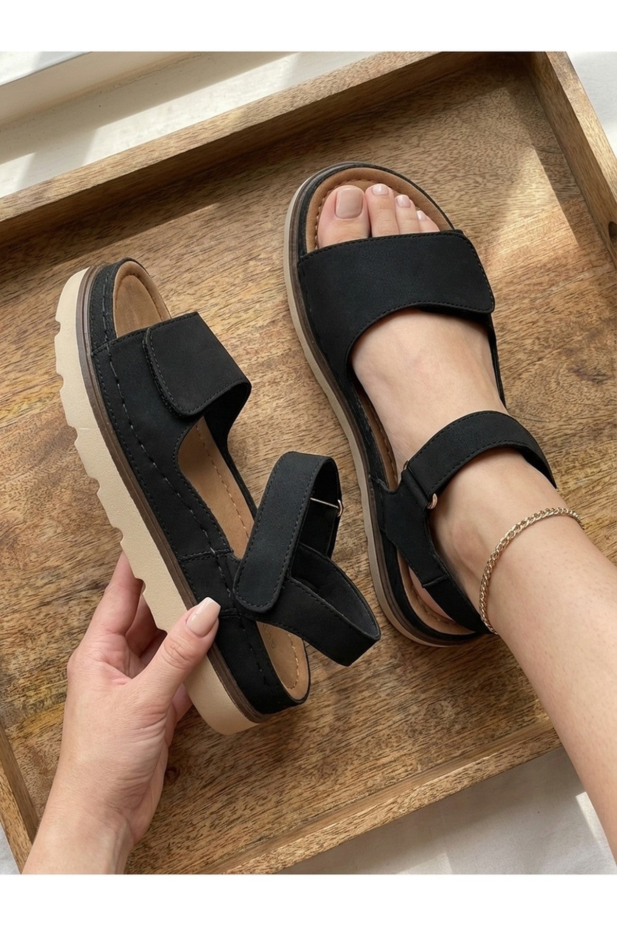 Black iKrush Black Isla Platform Velcro Sandal, Image 2 of 6