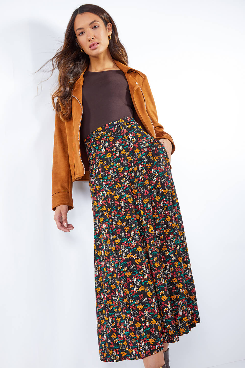 Black White Floral Ring Detail Midi-Length Skirt