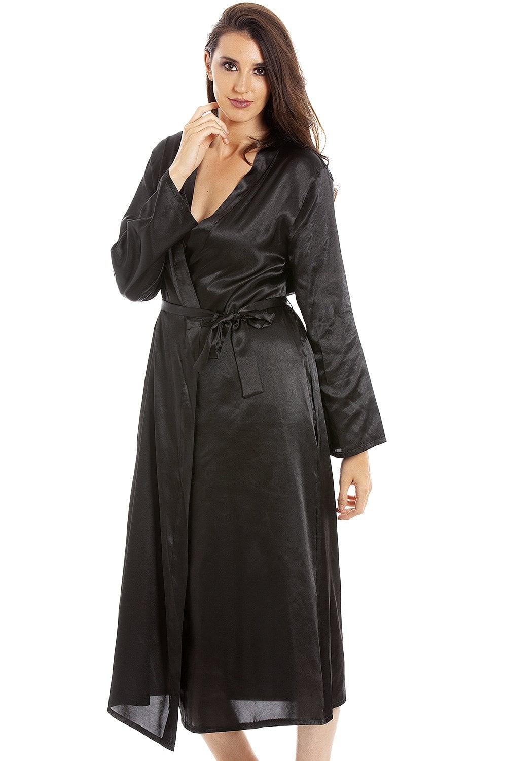 Black Camille Lingerie Black Full Length Long Sleeve Plain Satin Wrap, Image 1 of 5