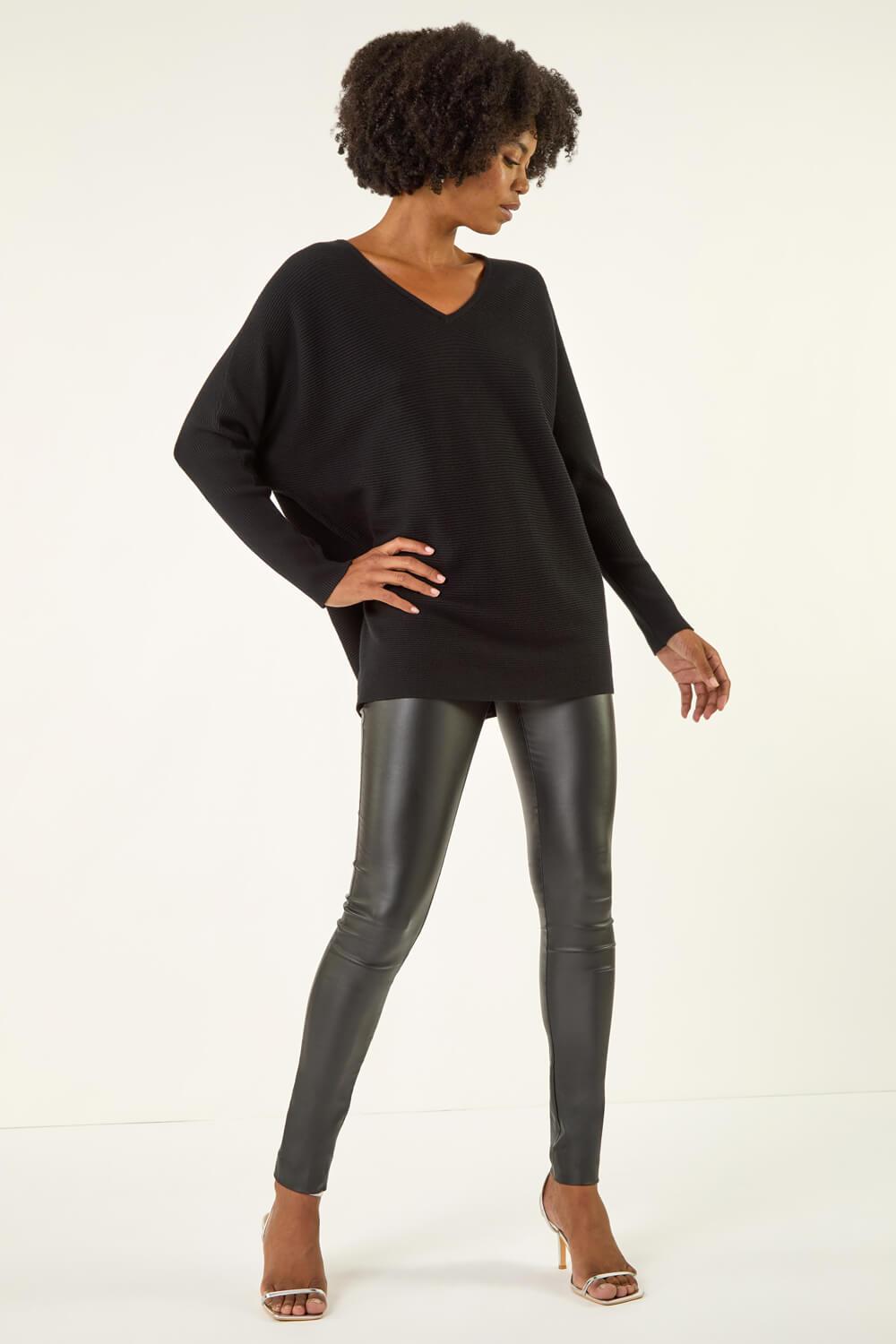 Black V-Neck Lace Back Knit Jumper | Roman UK