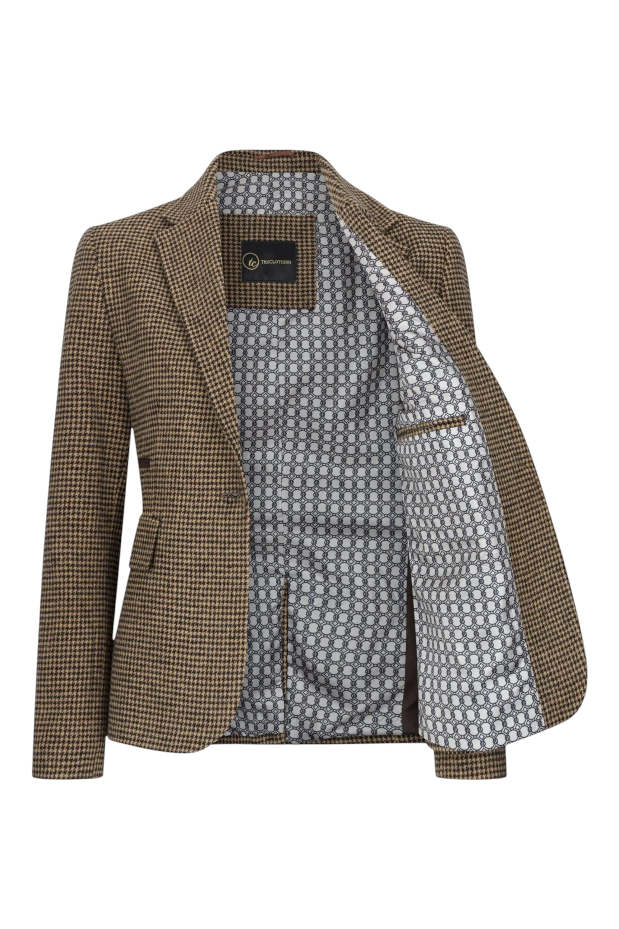 Brown Infinity Leather Brown Womens Tailored Brown Wool Blend Tweed Blazer, Image 4 of 6