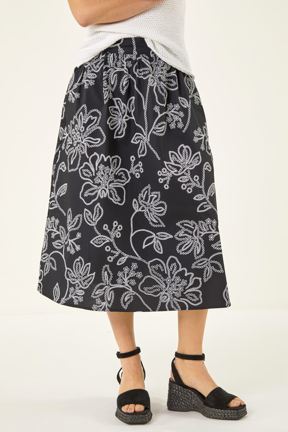 Roman Women's Black Floral Broderie Midi Skirt Size 16