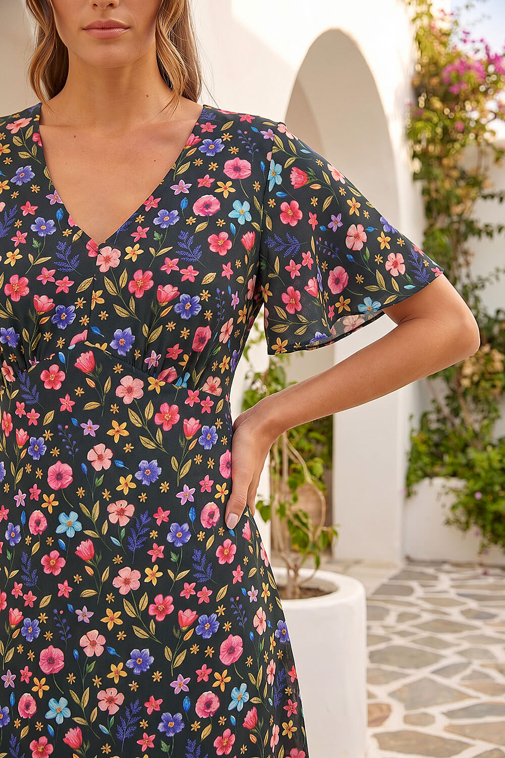 Black Petite Ditsy Floral Print Midi Dress, Image 5 of 4